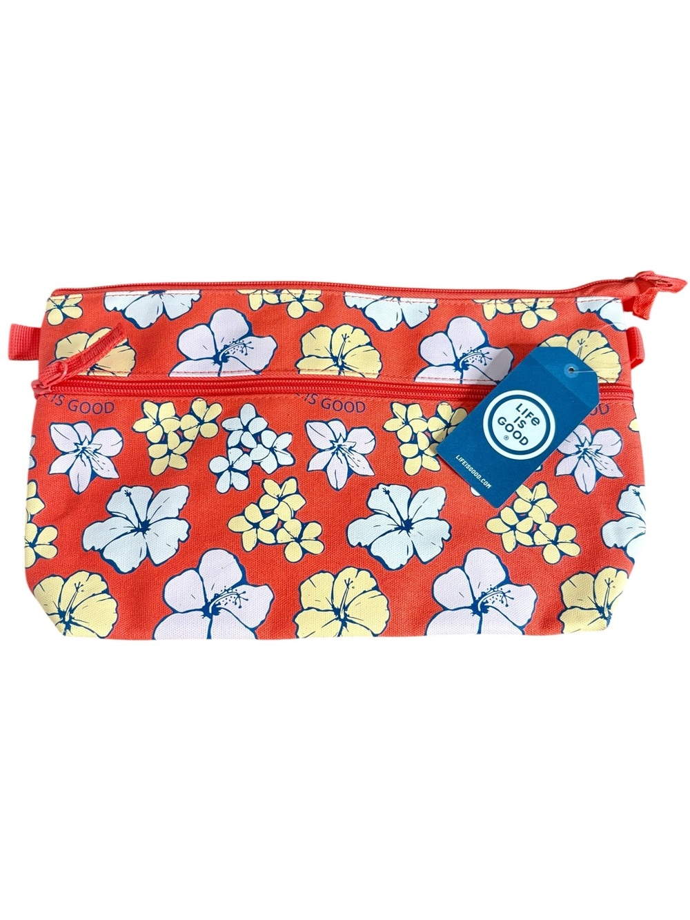 Life Is Good  Floral Double-Zip Cosmetic Pouch Orange NEW